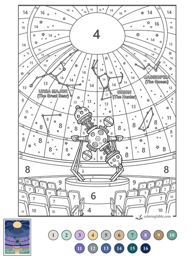 Planetarium Star Projector with Orion, Ursa Major, and Cassiopeia — color by number