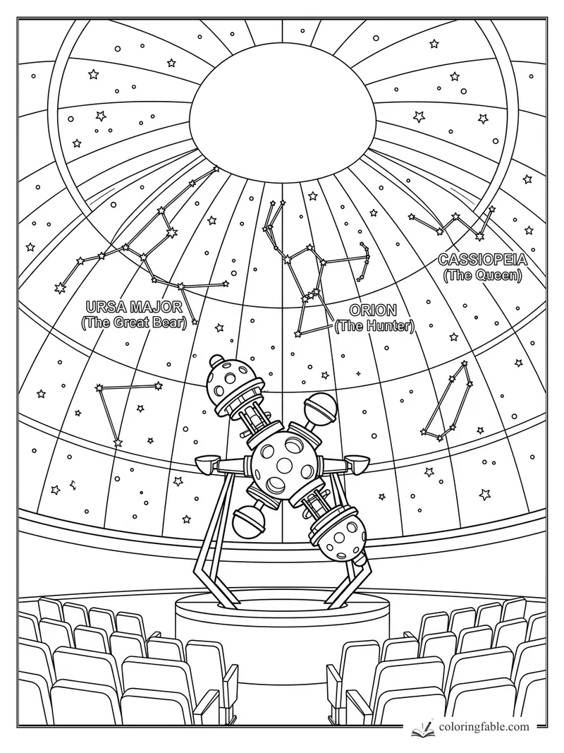 Planetarium dome with star projector, seats, and labeled Orion, Ursa Major, and Cassiopeia constellations