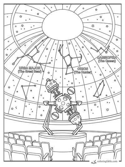 Planetarium dome with star projector, seats, and labeled Orion, Ursa Major, and Cassiopeia constellations