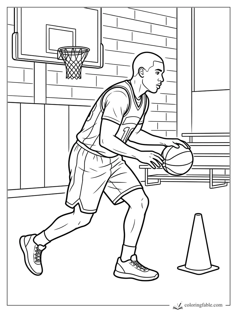 Realistic basketball player dribbling near a cone, hoop, bleachers, and brick gym wall.