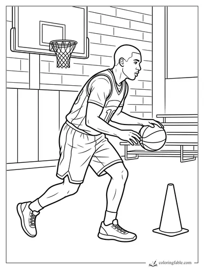 Realistic basketball player dribbling near a cone, hoop, bleachers, and brick gym wall.