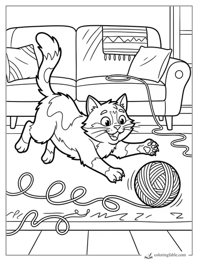 Excited fluffy cat pouncing on a yarn ball in front of a couch with pillows and a patterned throw.