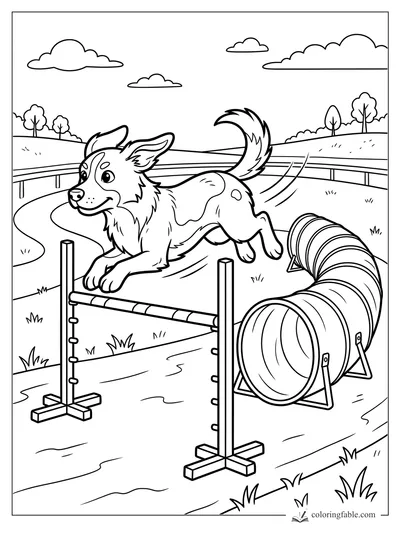 Cartoon dog jumping an agility hurdle beside a tunnel on a park course