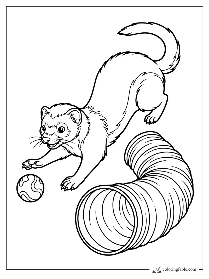 Playful pet ferret pouncing near a patterned ball and curved crinkle tunnel