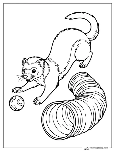 Playful pet ferret pouncing near a patterned ball and curved crinkle tunnel