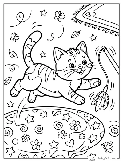 Cartoon kitten leaping from a patterned rug toward a feather wand with stars, leaves, and butterflies.