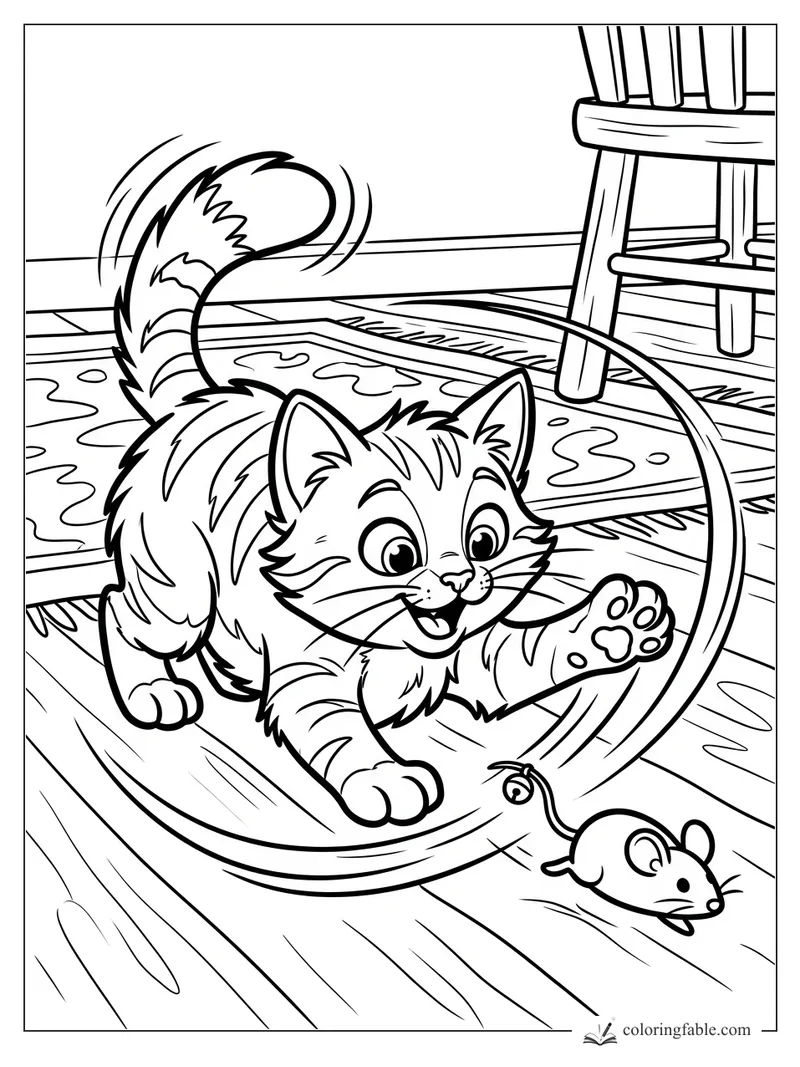 Cartoon kitten pouncing after a toy mouse on a wooden floor beside a rocking chair.