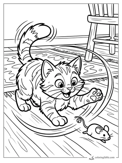 Cartoon kitten pouncing after a toy mouse on a wooden floor beside a rocking chair.