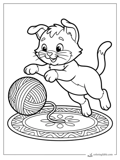 Cartoon kitten batting a large ball of yarn on a patterned oval rug
