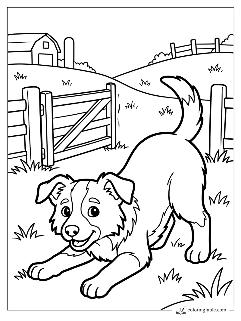 Cartoon puppy in a play bow beside a wooden farm gate, with barn, silo, fences, hills, and grass tufts.