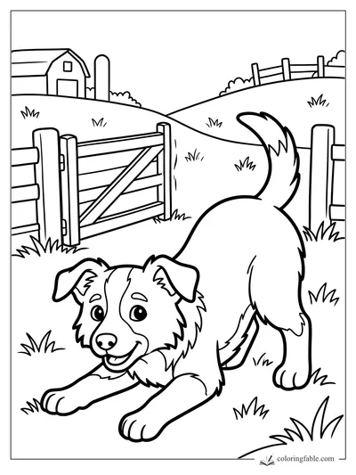 Cartoon puppy in a play bow beside a wooden farm gate, with barn, silo, fences, hills, and grass tufts.