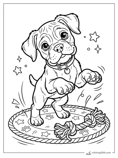 Cartoon puppy with raised paws on a starry mat beside a knotted rope toy