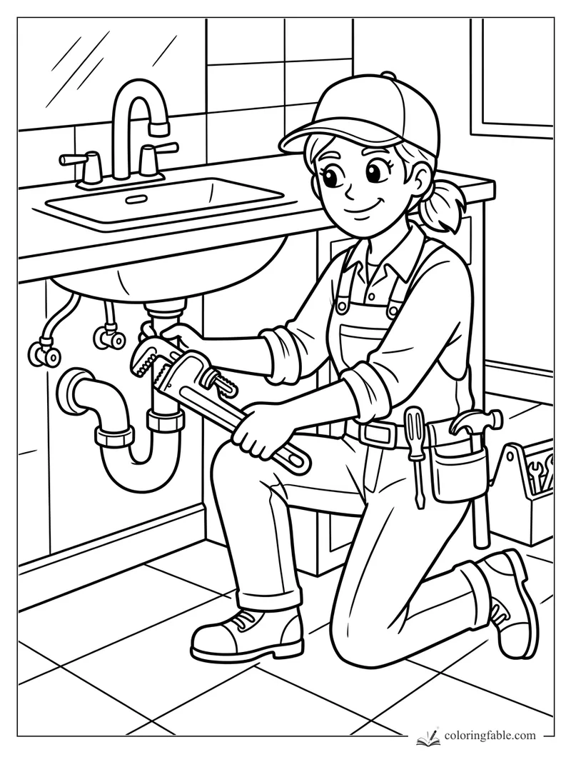 Smiling plumber kneels under a bathroom sink with a pipe wrench, tool belt, faucet, and toolbox.