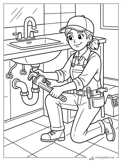 Smiling plumber kneels under a bathroom sink with a pipe wrench, tool belt, faucet, and toolbox.