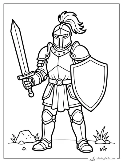 Bold easy coloring page of a knight in armor holding a sword and blank shield, with rocks and grass.