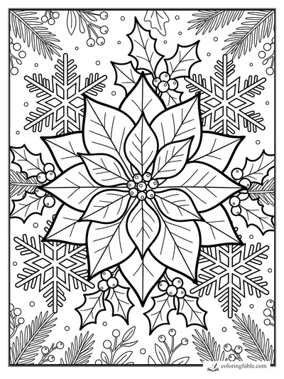 Large poinsettia coloring page with holly berries, pine branches, snowflakes, and falling snow dots.