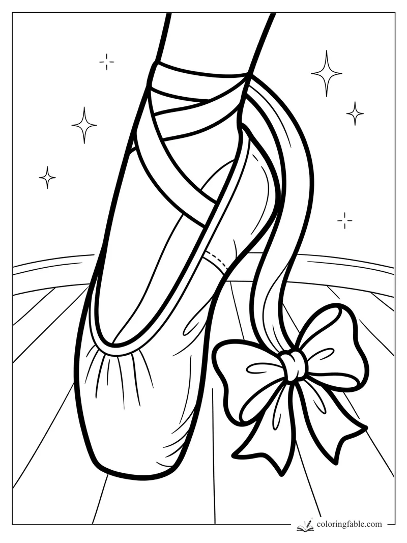 Minimalist ballet pointe shoes with crossed ribbons, a loose bow, stage floorboards, and sparkle stars