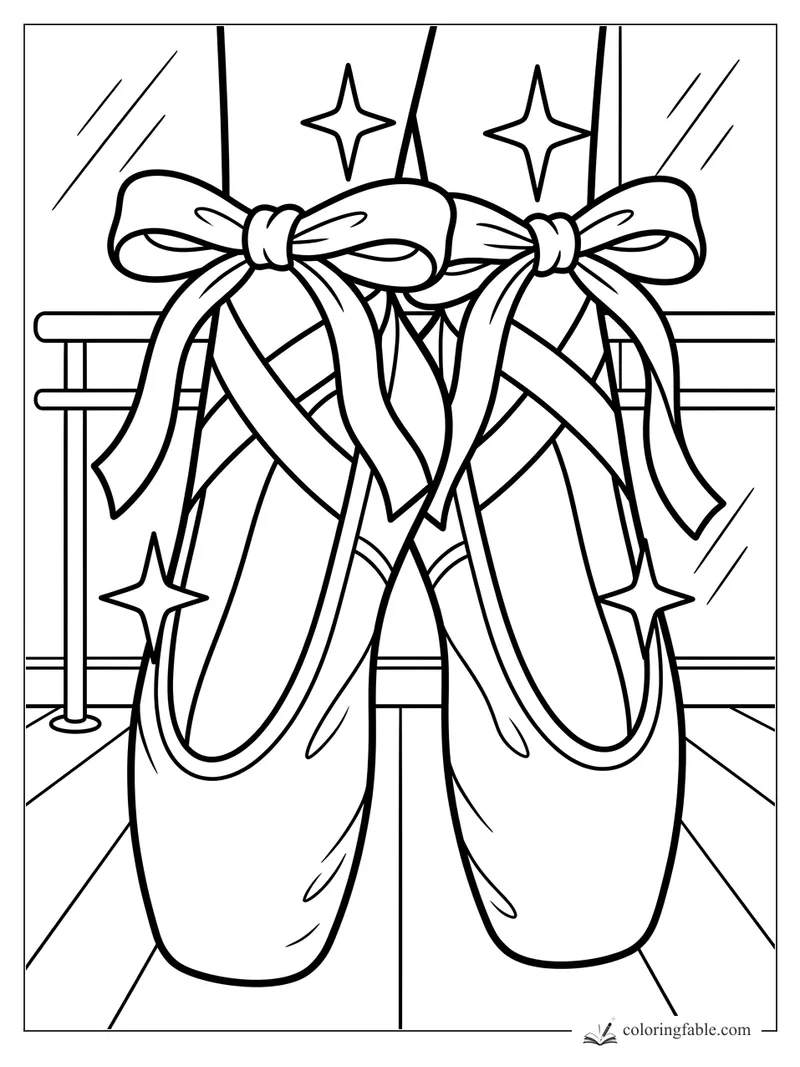 Easy ballet coloring page of pointe shoes with large bows, studio barre, mirror lines, and sparkles.
