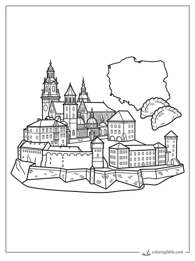 Poland outline with pierogi above a detailed Wawel Castle and old city walls coloring page
