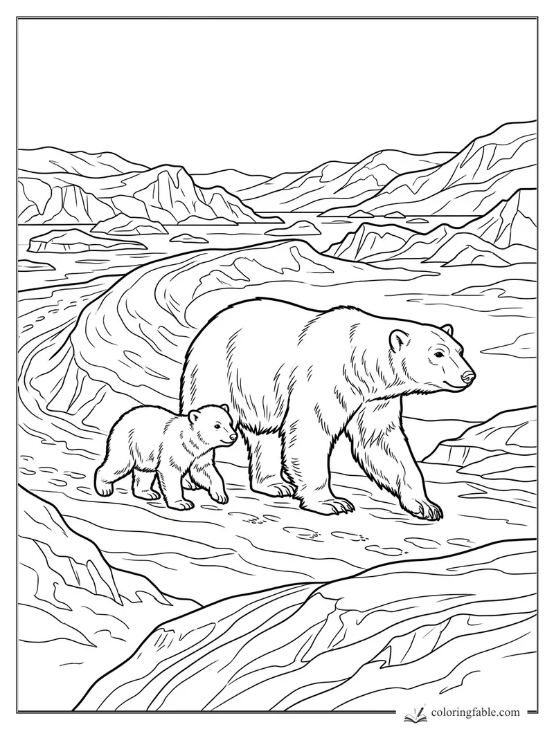 Realistic polar bear and cub walking across ice with mountains, floes, and glacier ridges behind them.