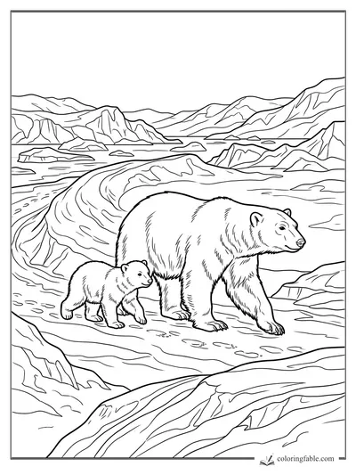 Realistic polar bear and cub walking across ice with mountains, floes, and glacier ridges behind them.