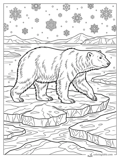 Realistic polar bear walking across cracked sea ice under falling snowflakes and distant Arctic mountains.