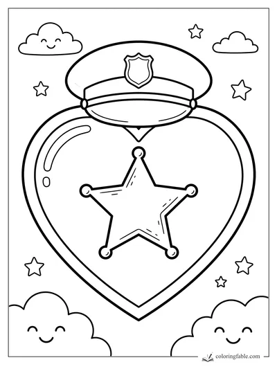 Bold heart with police cap, star badge, smiling clouds, and small stars coloring page