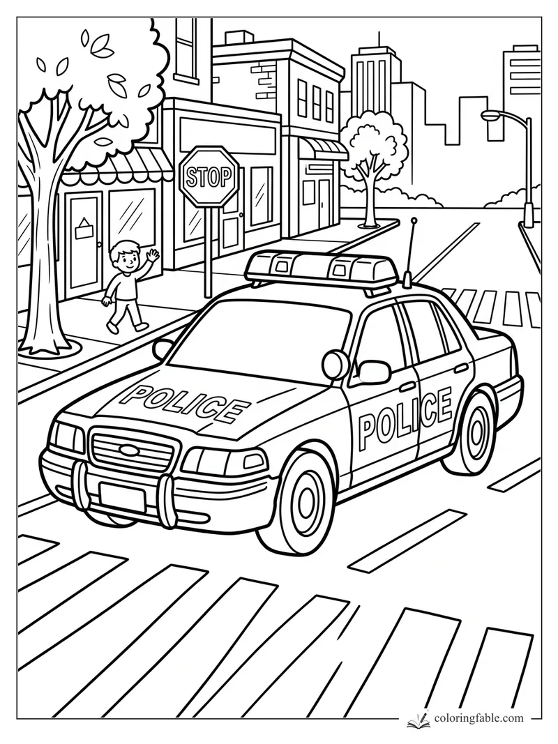Police car by a stop sign and crosswalk as a boy waves on a city sidewalk