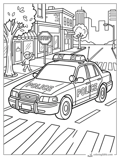 Police car by a stop sign and crosswalk as a boy waves on a city sidewalk
