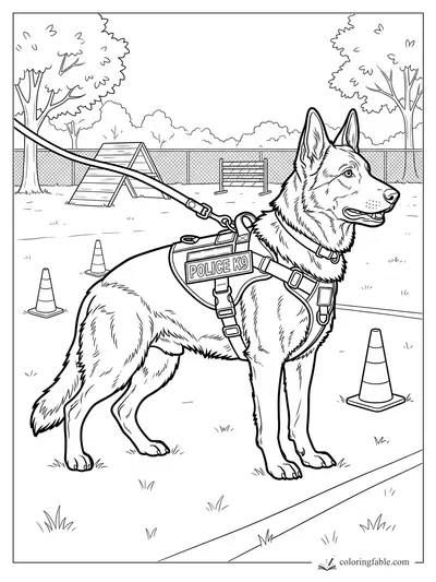 Realistic police K9 in harness at an agility yard with cones, ramp, hurdle, leash, and fence