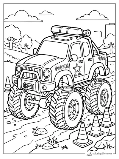 Cartoon police monster truck with huge tires, roof siren, 911 marking, cones, trees, and city buildings.