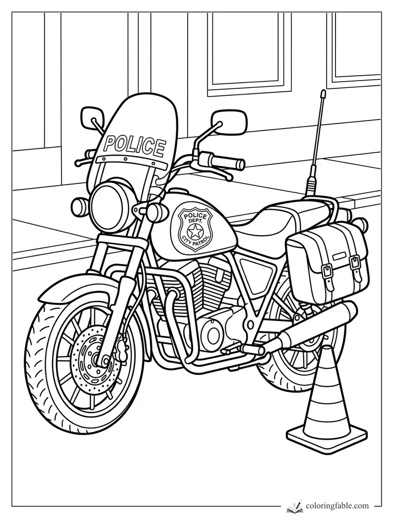 Police motorcycle coloring page with windshield, radio antenna, saddlebags, and traffic cone on a city street.