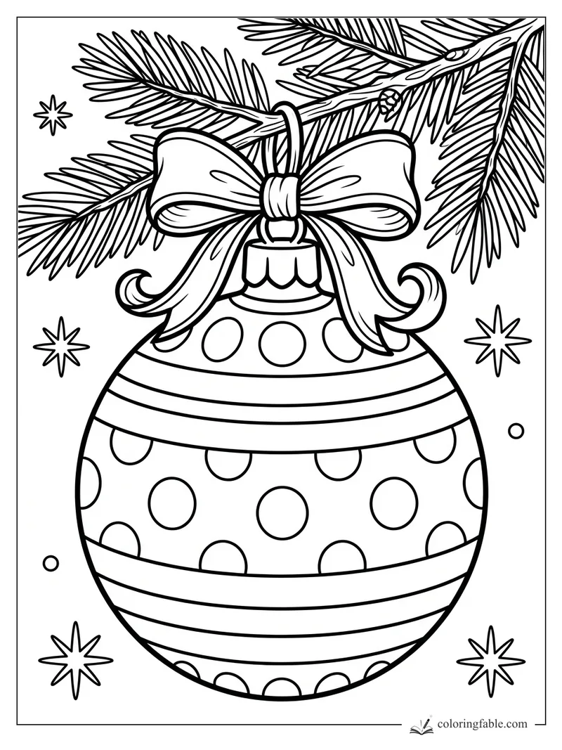 Christmas ornament with polka dots, stripes, a bow, pine branches, and star shapes