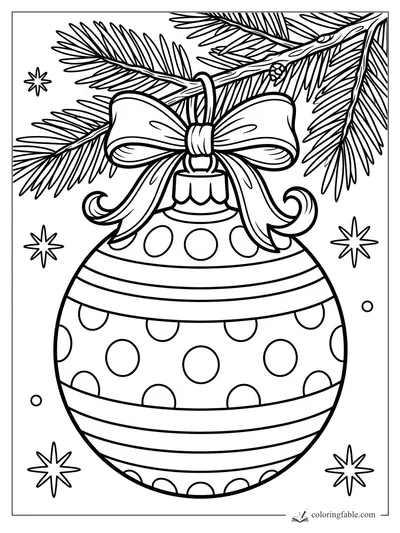 Christmas ornament with polka dots, stripes, a bow, pine branches, and star shapes