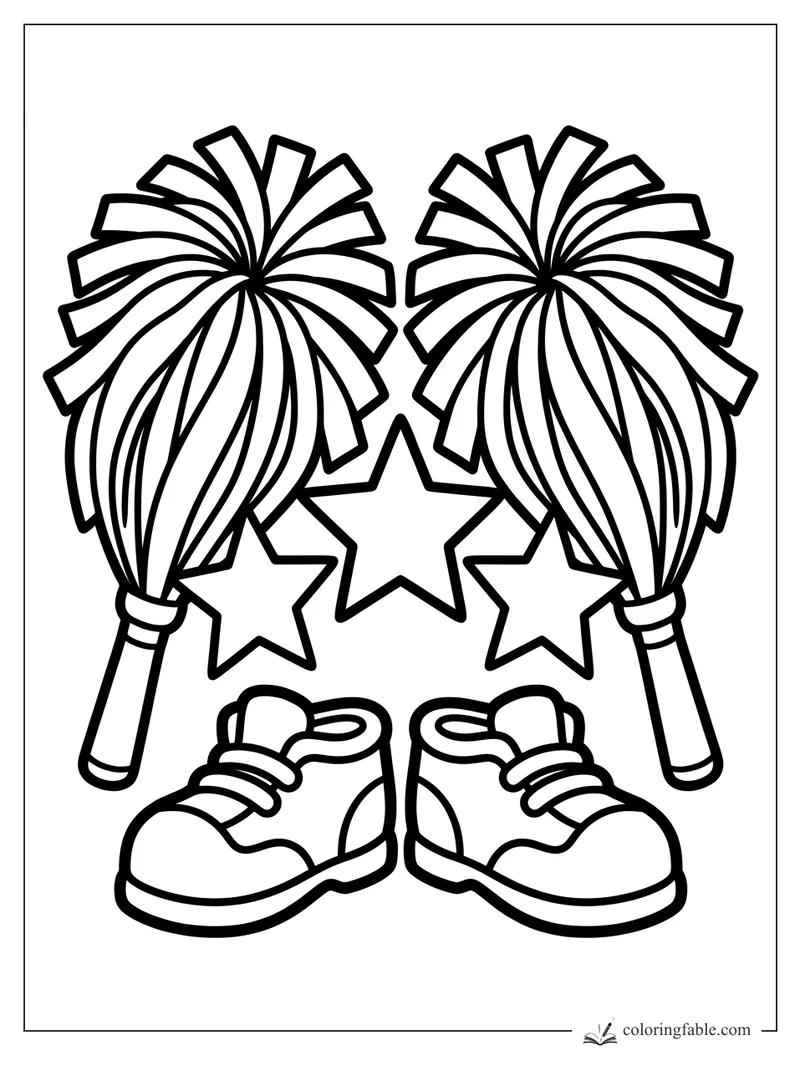 Easy cheerleading coloring page with two pom-poms, stars, and chunky cheer shoes.