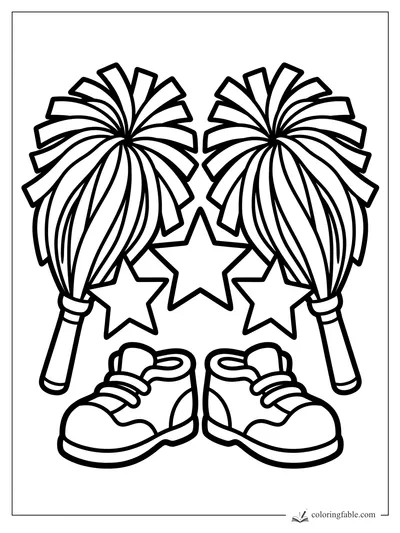 Easy cheerleading coloring page with two pom-poms, stars, and chunky cheer shoes.