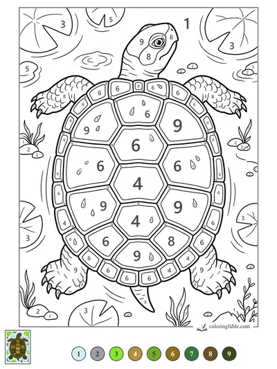 Pond Turtle Gliding Between Lily Pads — color by number