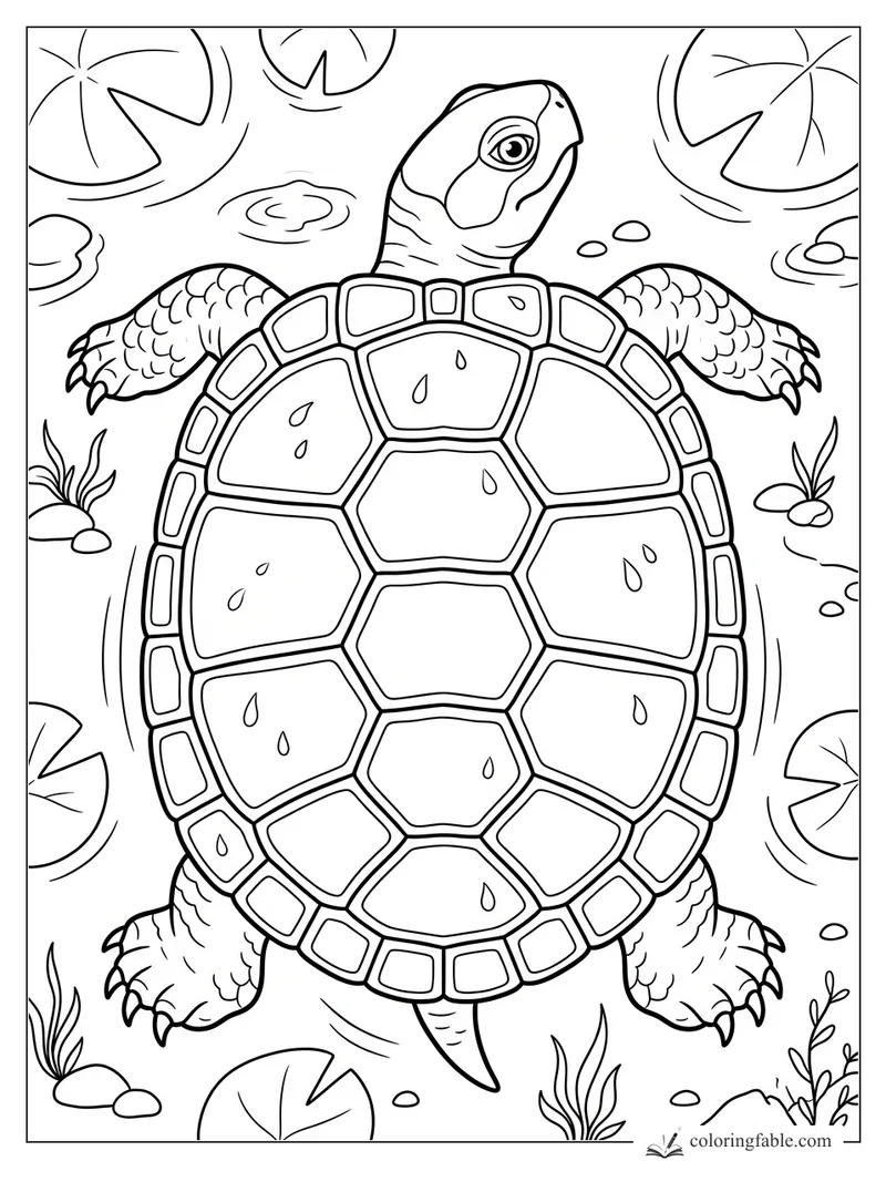 Pond turtle with patterned shell swimming among lily pads, bubbles, pebbles, and water plants