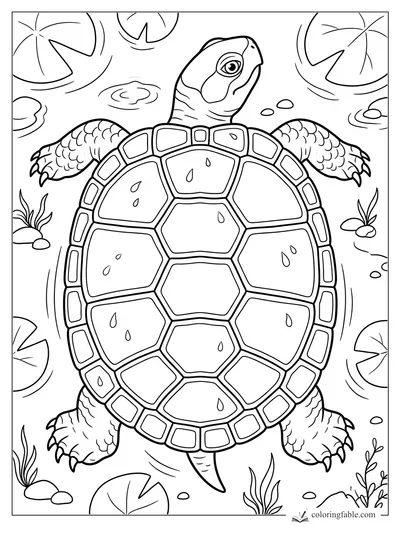 Pond turtle with patterned shell swimming among lily pads, bubbles, pebbles, and water plants