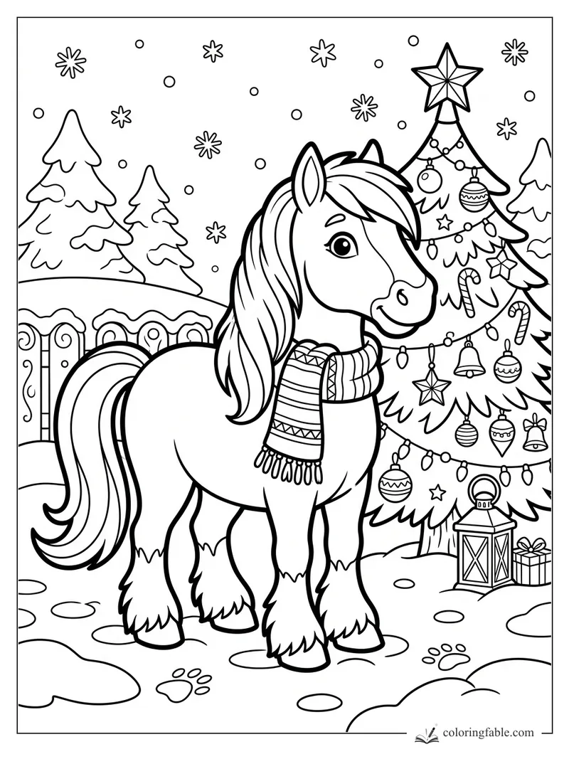 Smiling pony in a scarf beside a decorated Christmas tree, lantern, gifts, snow, and pine trees