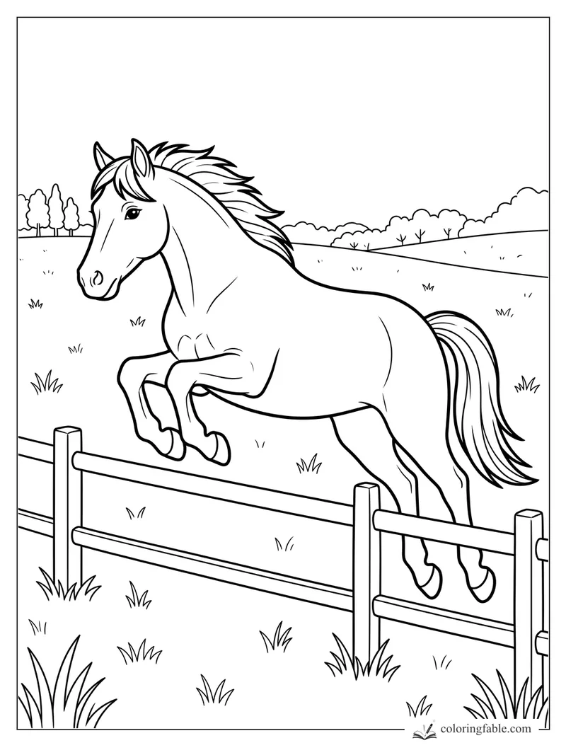 Pony jumping a wooden fence in a grassy field with rolling hills and trees