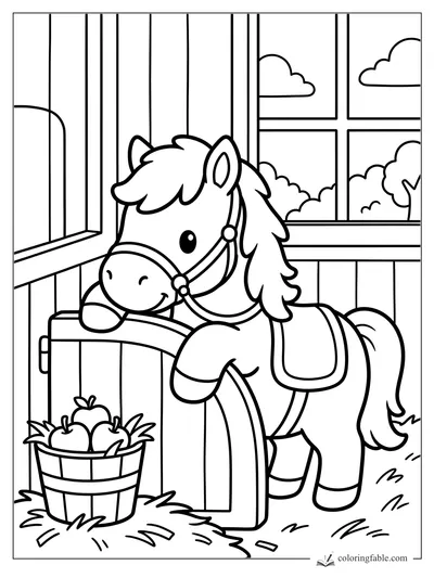 Cozy pony leaning over a stable door beside a basket of apples and carrots, with window clouds behind.