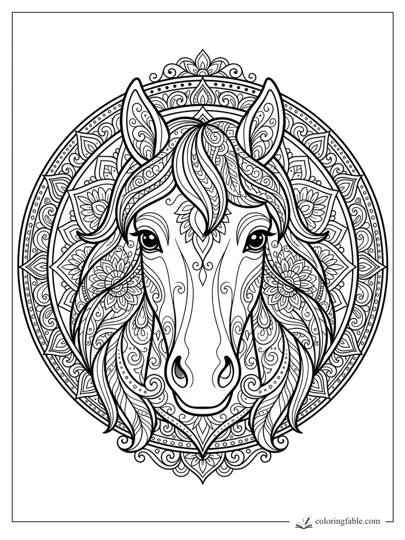 Intricate pony head mandala with flowing mane, floral cheeks, tall ears, and circular paisley border.