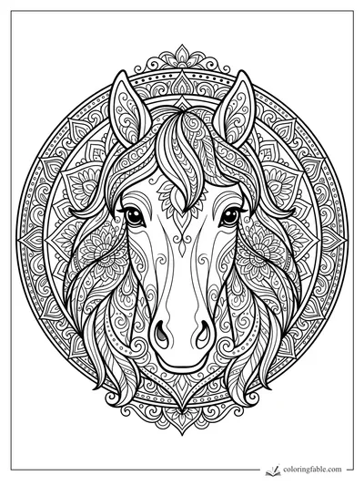Intricate pony head mandala with flowing mane, floral cheeks, tall ears, and circular paisley border.