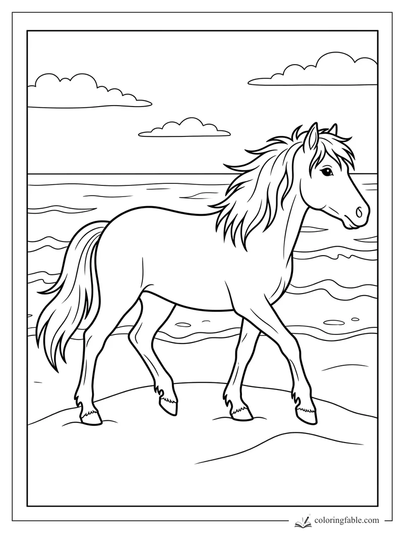 Pony trotting on a sandy beach with waves, seashells, and clouds