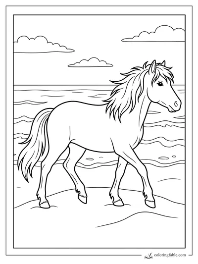 Pony trotting on a sandy beach with waves, seashells, and clouds