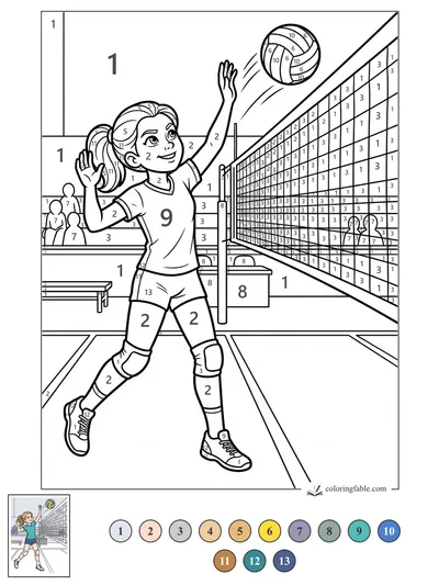 Ponytail Player Tipping the Ball Over the Net — color by number