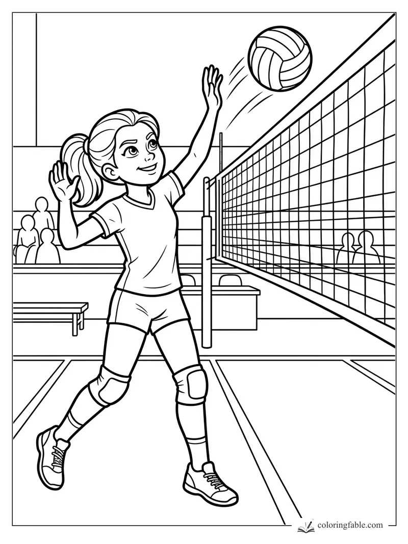 Cartoon volleyball player reaching to tip a ball over the net on an indoor court