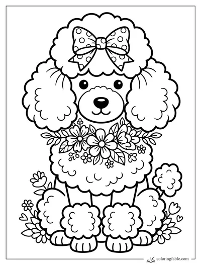 Fluffy poodle with a spotted bow, flower garland, pom-pom tail, and garden blooms coloring page