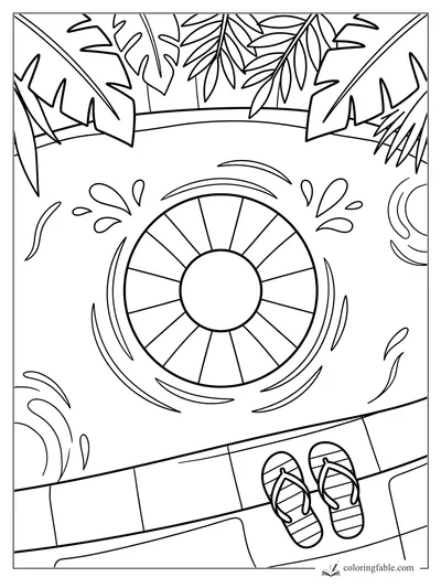 Round pool float in rippling water with splashes, tropical leaves, deck tiles, and striped flip-flops.